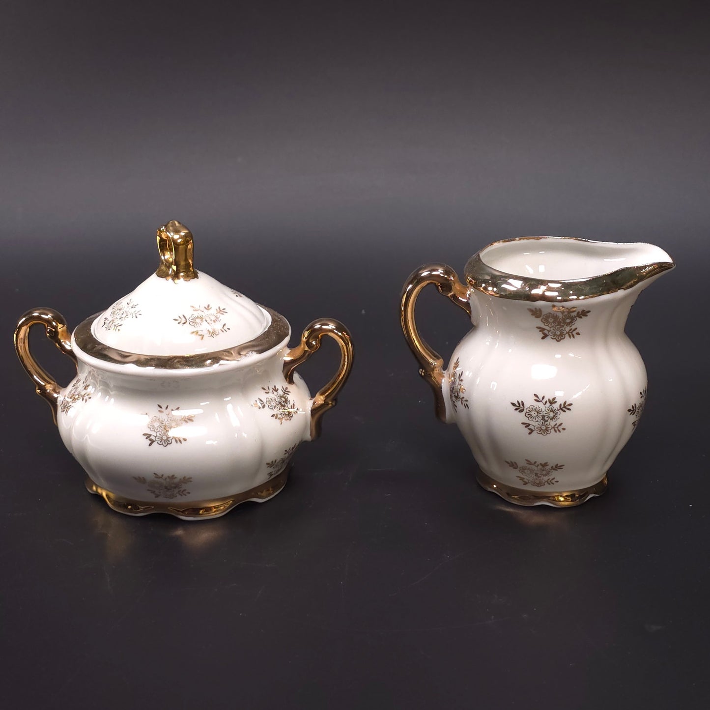 MCM Japanese Porcelain Sugar & Creamer Set Gold Trim Romantic Courting Scene