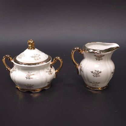 MCM Japanese Porcelain Sugar & Creamer Set Gold Trim Romantic Courting Scene