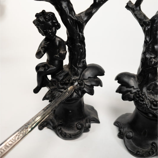 Cherub Angel Black Resin Candle Stick Holder Set of 2