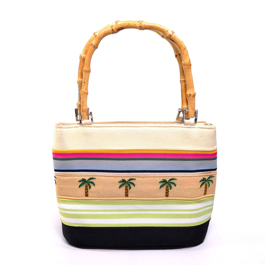 Palm Tree Cloth Handbag Purse w/ Bamboo Handles