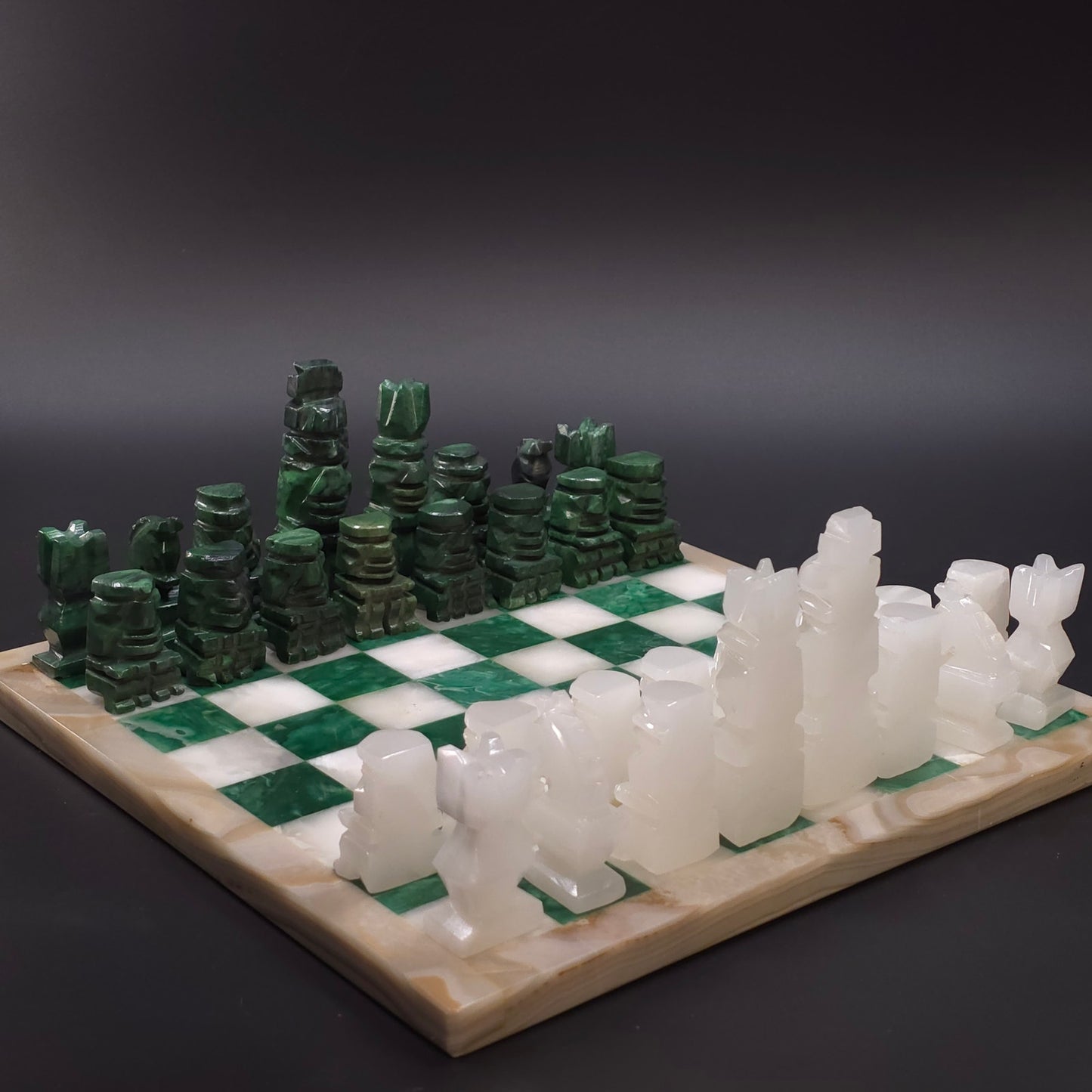 Vintage Green White Onyx Stone Carved Chess Board Set Mexico