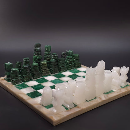 Vintage Green White Onyx Stone Carved Chess Board Set Mexico