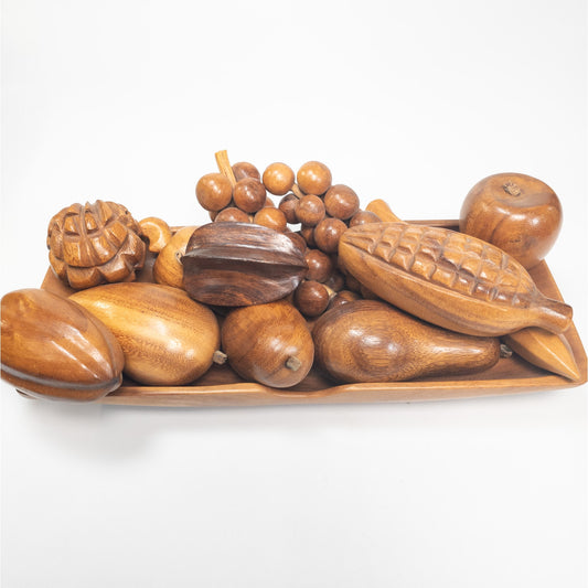 MCM Wood Decorative 13 Piece Fruit Bowl Tray Apple Corn Grapes Pear