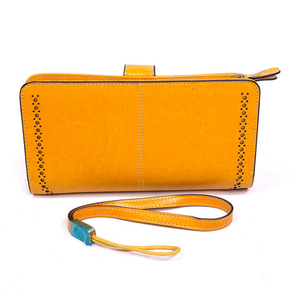 Sendefn Yellow Leather Wallet Wristlet Floral Button Clasp RFID Protetion