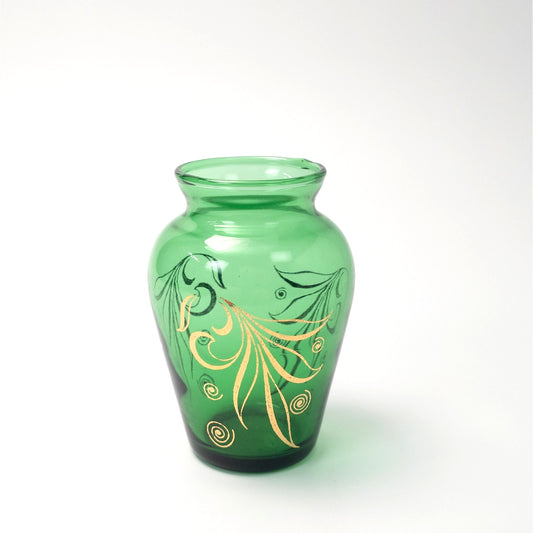 Anchor Hocking Emerald Forest Green Bud Vase with Gold Leaves Design