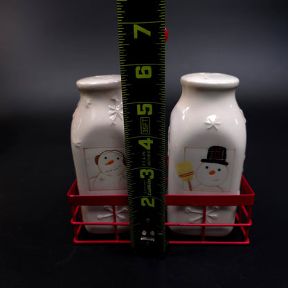 Hallmark Snowman Milk Bottle Snowman Salt & Pepper Shakers w/ Crate Holder