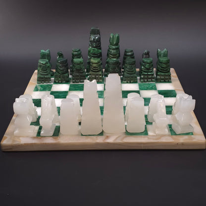 Vintage Green White Onyx Stone Carved Chess Board Set Mexico