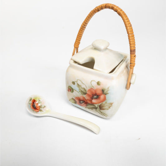Ceramic Basket Sugar Bowl Container w/ Lid, Handle & Spoon Red Poppy Flowers