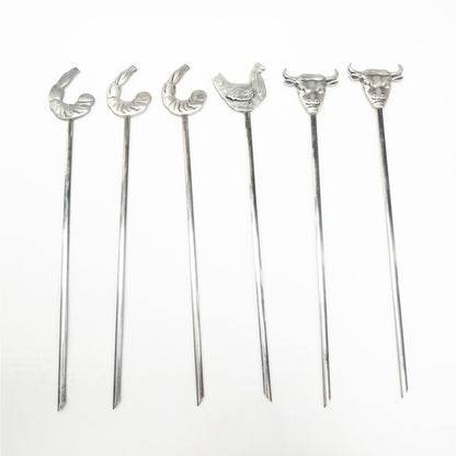 Lot of 6 Stainless Steel Animal Kabob Skewers Bull Chicken Shrimp