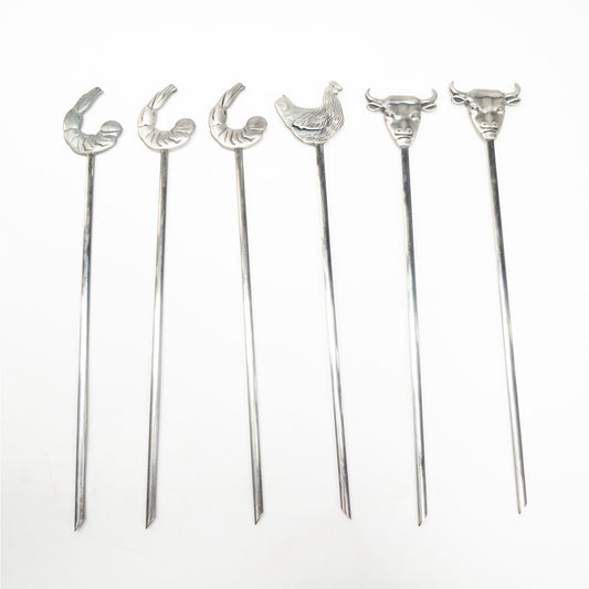 Lot of 6 Stainless Steel Animal Kabob Skewers Bull Chicken Shrimp