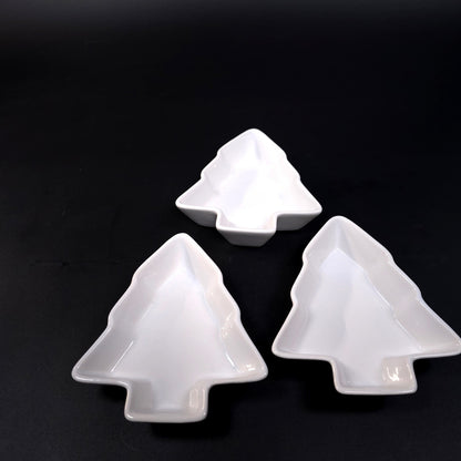 Set of 3 White Christmas Pine Tree Shaped Plate Candy Condiment Ceramic Dish