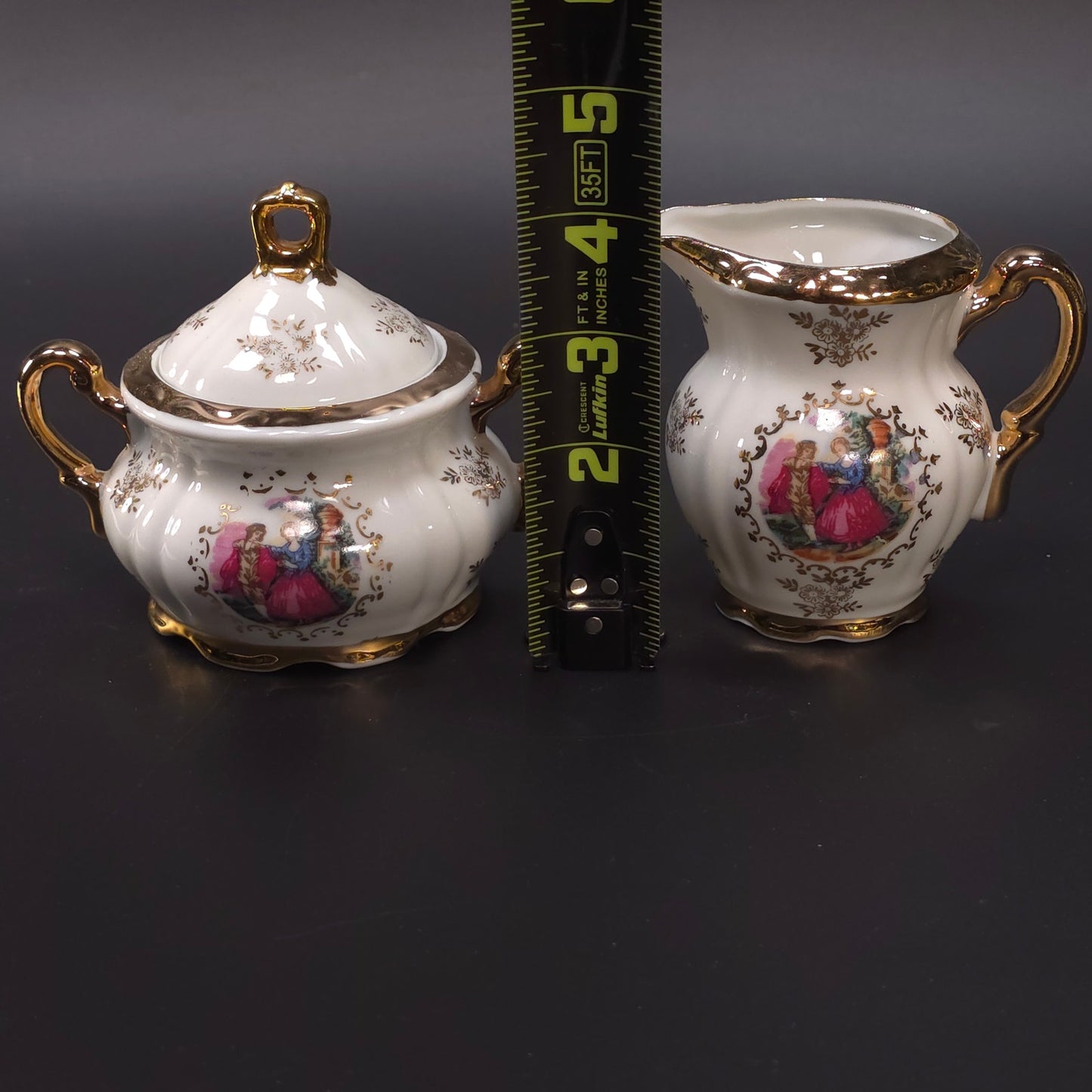 MCM Japanese Porcelain Sugar & Creamer Set Gold Trim Romantic Courting Scene