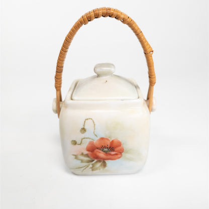 Ceramic Basket Sugar Bowl Container w/ Lid, Handle & Spoon Red Poppy Flowers