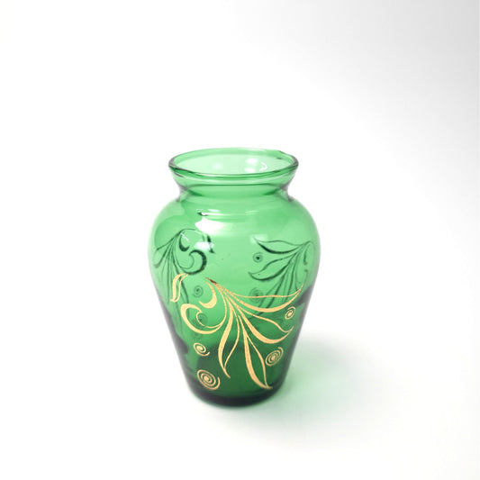 Anchor Hocking Emerald Forest Green Bud Vase with Gold Leaves Design