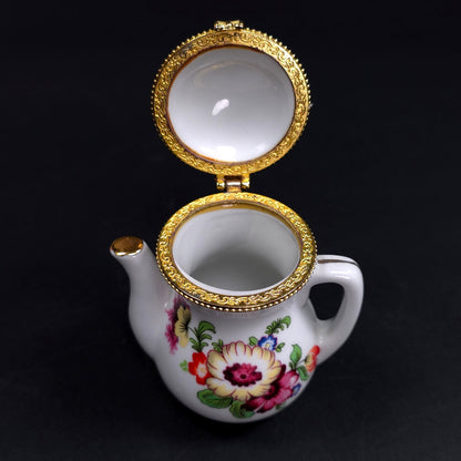 Vintage Tea Pot Jewelry Trinket Box With Saucer With Floral Pattern