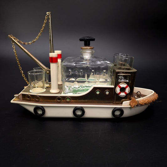 Vintage Music Box Tugboat Decanter w/ 4 Shot Glasses Maritime Home Decor