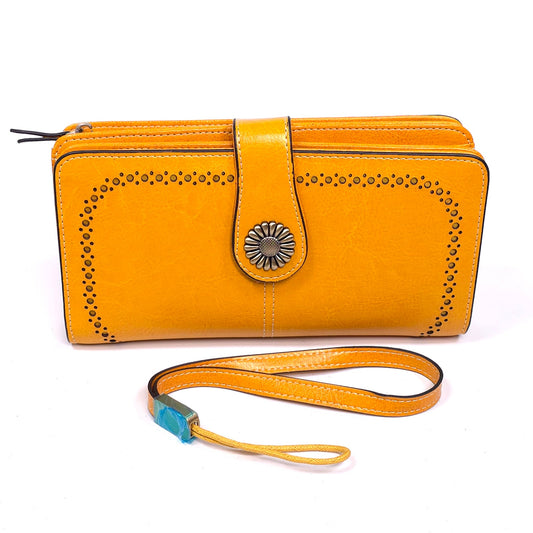 Sendefn Yellow Leather Wallet Wristlet Floral Button Clasp RFID Protetion