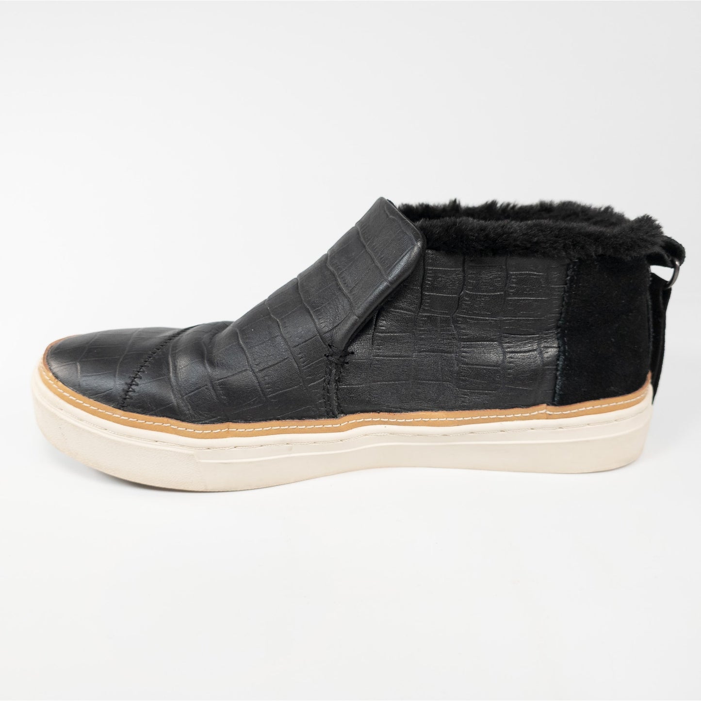 Toms Paxton Black Embossed Leather Slip On Faux Fur Lined Ankle Booties Size 9.5