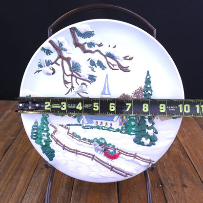 3D Hand Painted Winter Church Scene VTG 1980's Ceramic Byron Molds Wall Plate