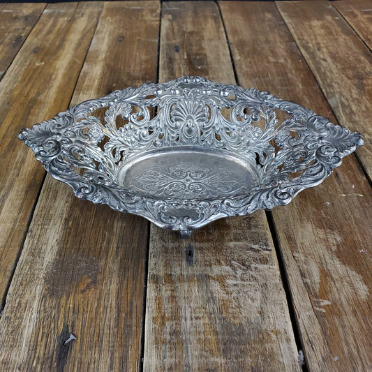 Vintage Silverplated Basket Tray Intricate Unique Rare Fuit Decorative