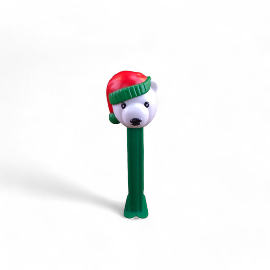 PEZ Christmas Polar Bear with Santa Hat Footed Candy Dispenser 2009 Green
