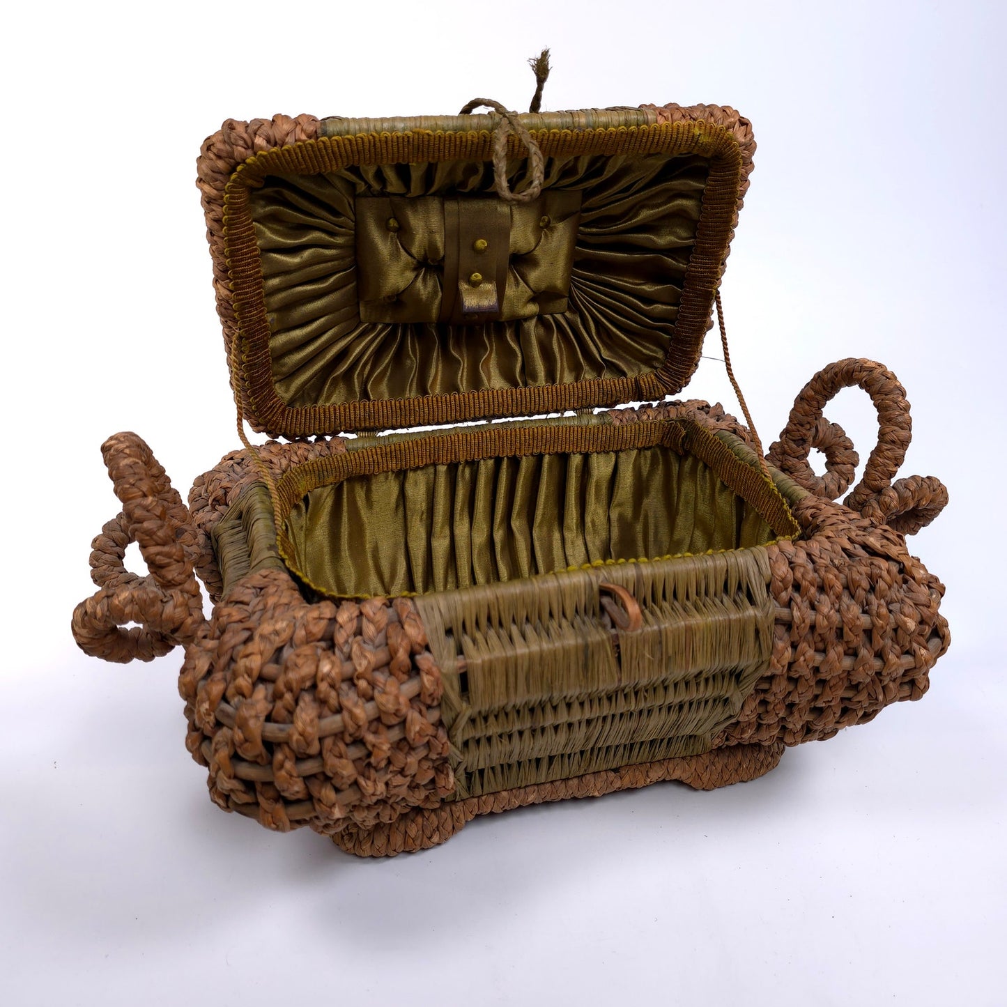 Antique Lined Table Trinket Box Hand Woven Basket With Handles