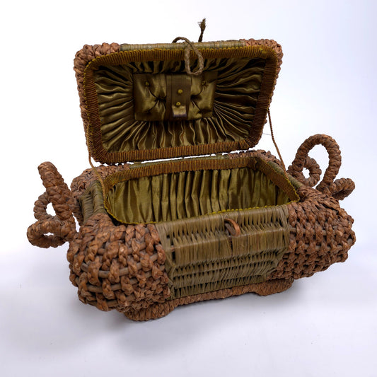 Antique Lined Table Trinket Box Hand Woven Basket With Handles