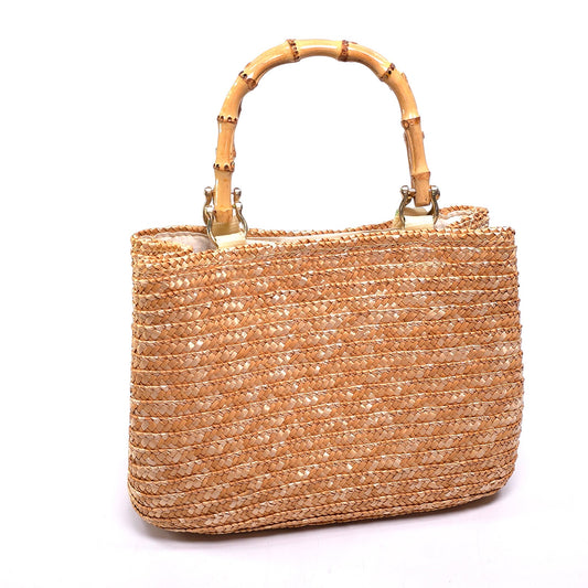 Woven Straw Handbag Purse w/ Bamboo Handles Raffia