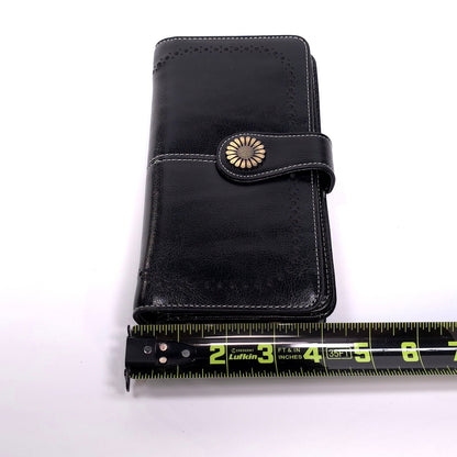 Sendefn Black Leather Wallet Wristlet Floral Button Clasp RFID Protetion