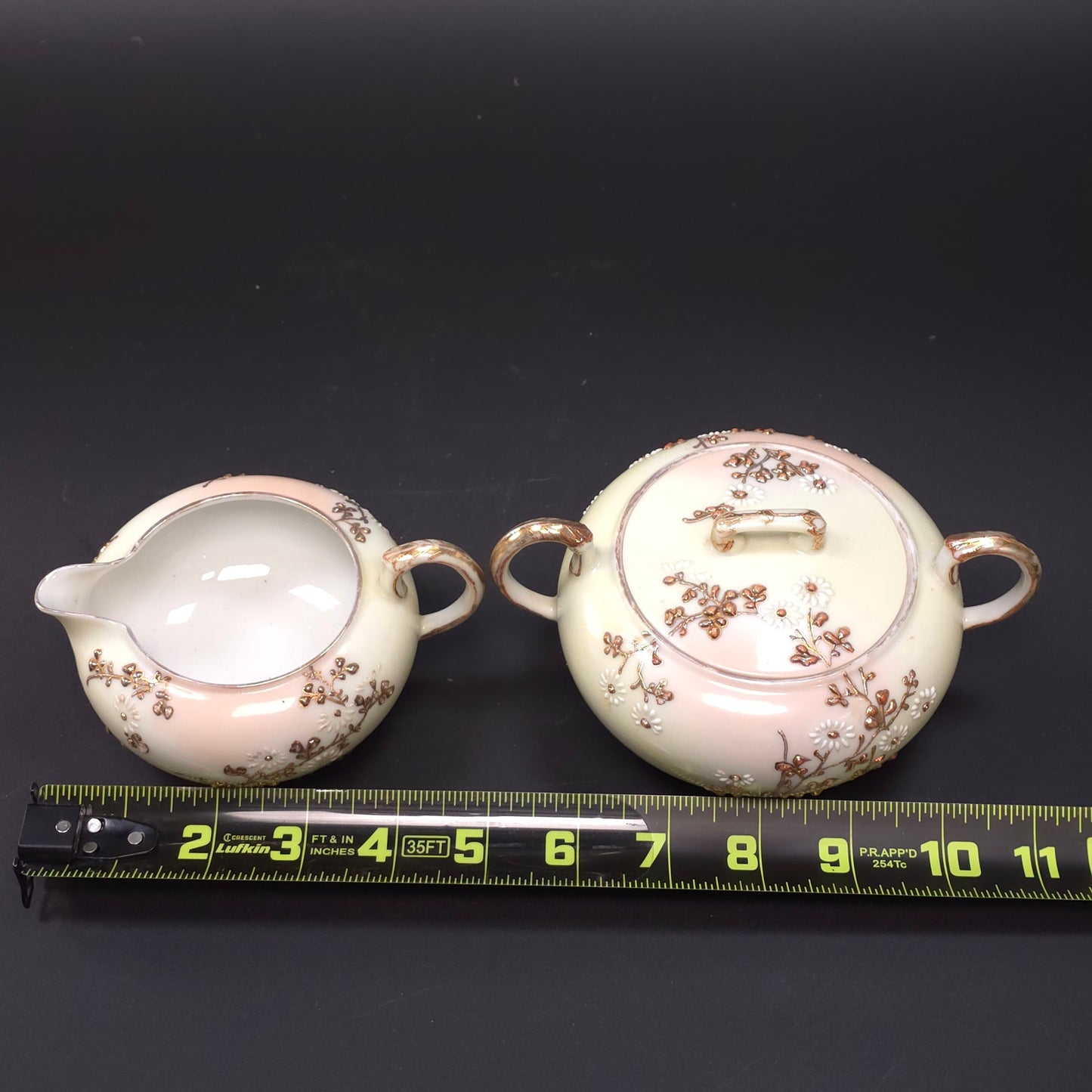 MCM Japanese Porcelain Embossed Floral Design Sugar & Creamer Set Gold Trim