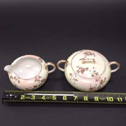 MCM Japanese Porcelain Embossed Floral Design Sugar & Creamer Set Gold Trim