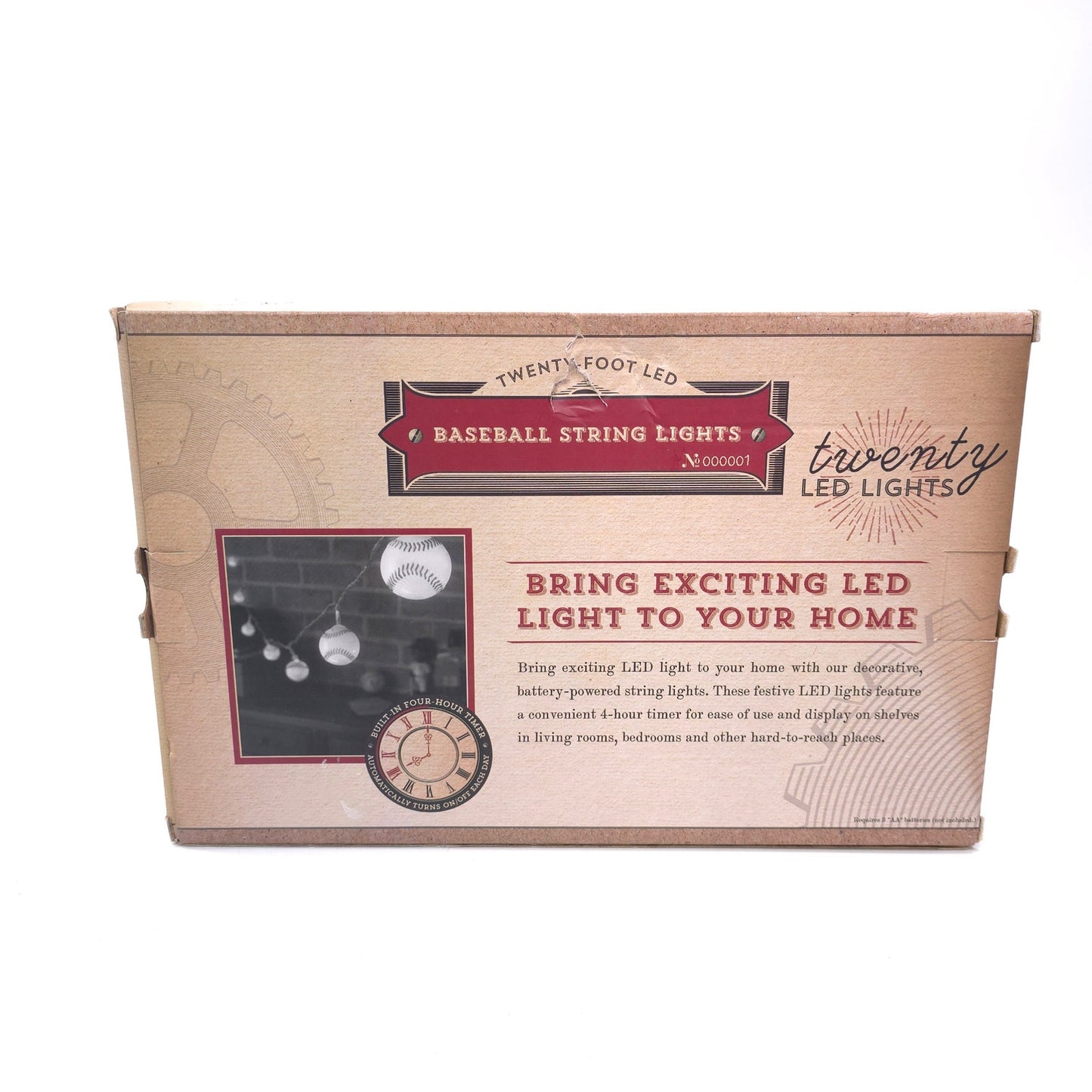 20 ft LED Baseball String Lights Automatic On/Off 4 hr Timer Battery Powered