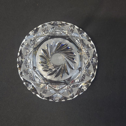 Vintage Cut Glass Pinwheel Stars Lead Crystal Heavy Round Ashtray 6" Diameter