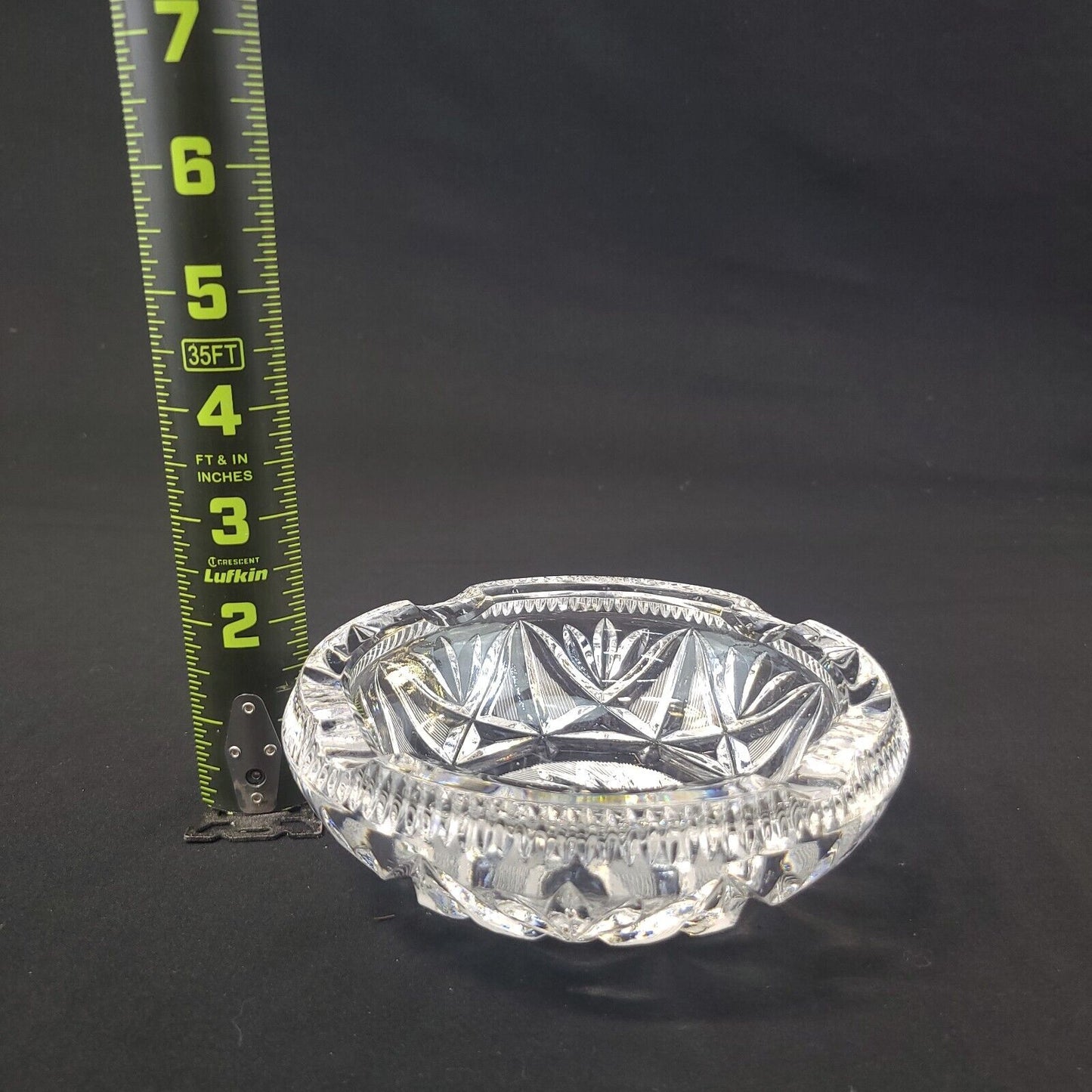 Vintage Cut Glass Pinwheel Stars Lead Crystal Heavy Round Ashtray 6" Diameter
