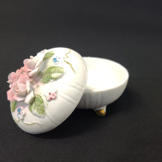 Round Rose China Trinket Box Candle Powder Scented Vintage # 1268
