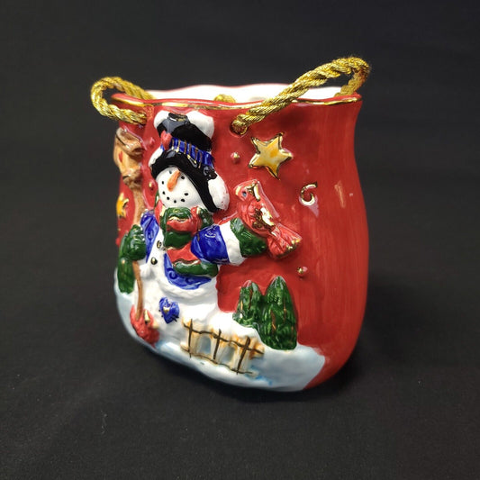 Vintage Ceramic Snowman Gift Bag With Cardinal And Birdhouse - Collectible Decor